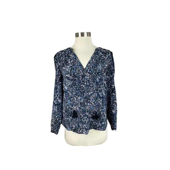 Rebecca Taylor 0 Blue Pink Tassel V Neck Peasant Blouse 100% Silk - Picture 1 of 4